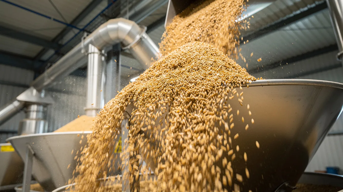 0d8c85b5 0315 47bc b063 aff38a4487af The image depicts golden wheat grains cascading into industrial steel hoppers at a flour milling facility, highlighting the process of wheat flour production in a roller flour mill. This scene illustrates the essential machinery involved in the flour mill project, showcasing the raw materials used in the agro industry.