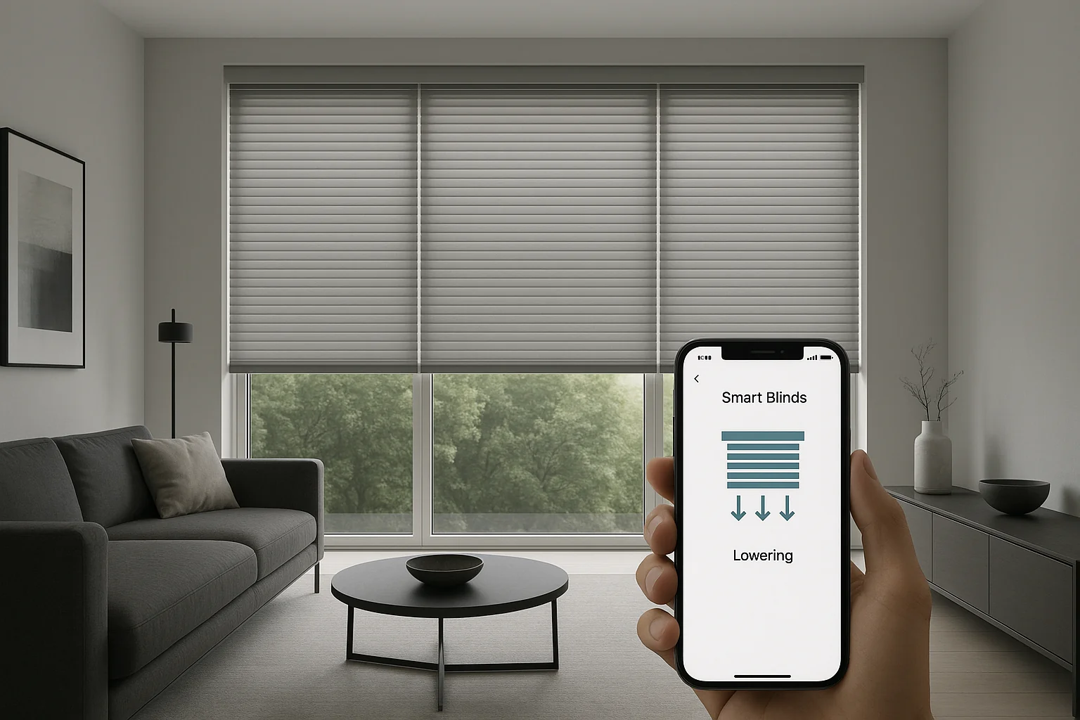 "Motorised blinds being controlled via smartphone in a modern living room"