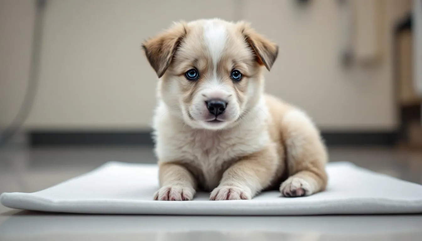A 49-day-old puppy sits calmly in a quiet testing area, ready for its temperament test as part of the Volhard puppy aptitude test. The puppy displays a friendly attitude, showcasing its potential future behavioral traits in a controlled environment.