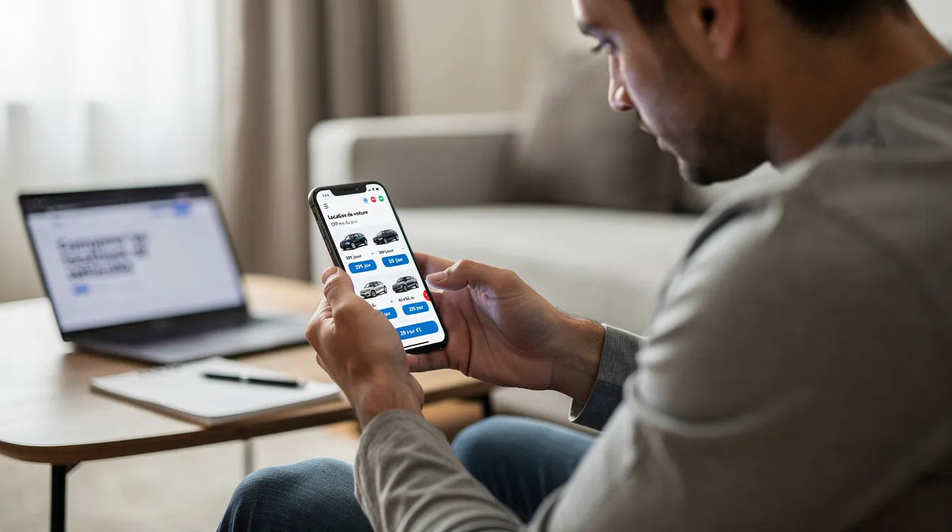 Une personne consulte son smartphone pour comparer des offres de location de voitures à Meknès, examinant les différents tarifs et modèles de véhicules disponibles. Cette scène illustre l'importance de la recherche en ligne pour les clients à la recherche de services de location adaptés à leurs besoins.