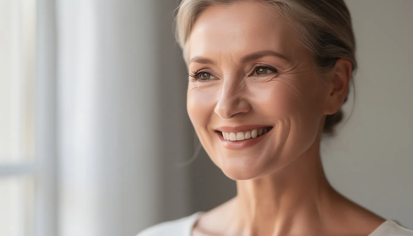 Na obrazie widoczna jest kobieta w średnim wieku z promienną, zdrową skórą, uśmiechająca się naturalnie. Jej wygląd sugeruje efekty zabiegów medycyny estetycznej, takich jak profhilo, które poprawiają kondycję skóry, jej jędrność i elastyczność.