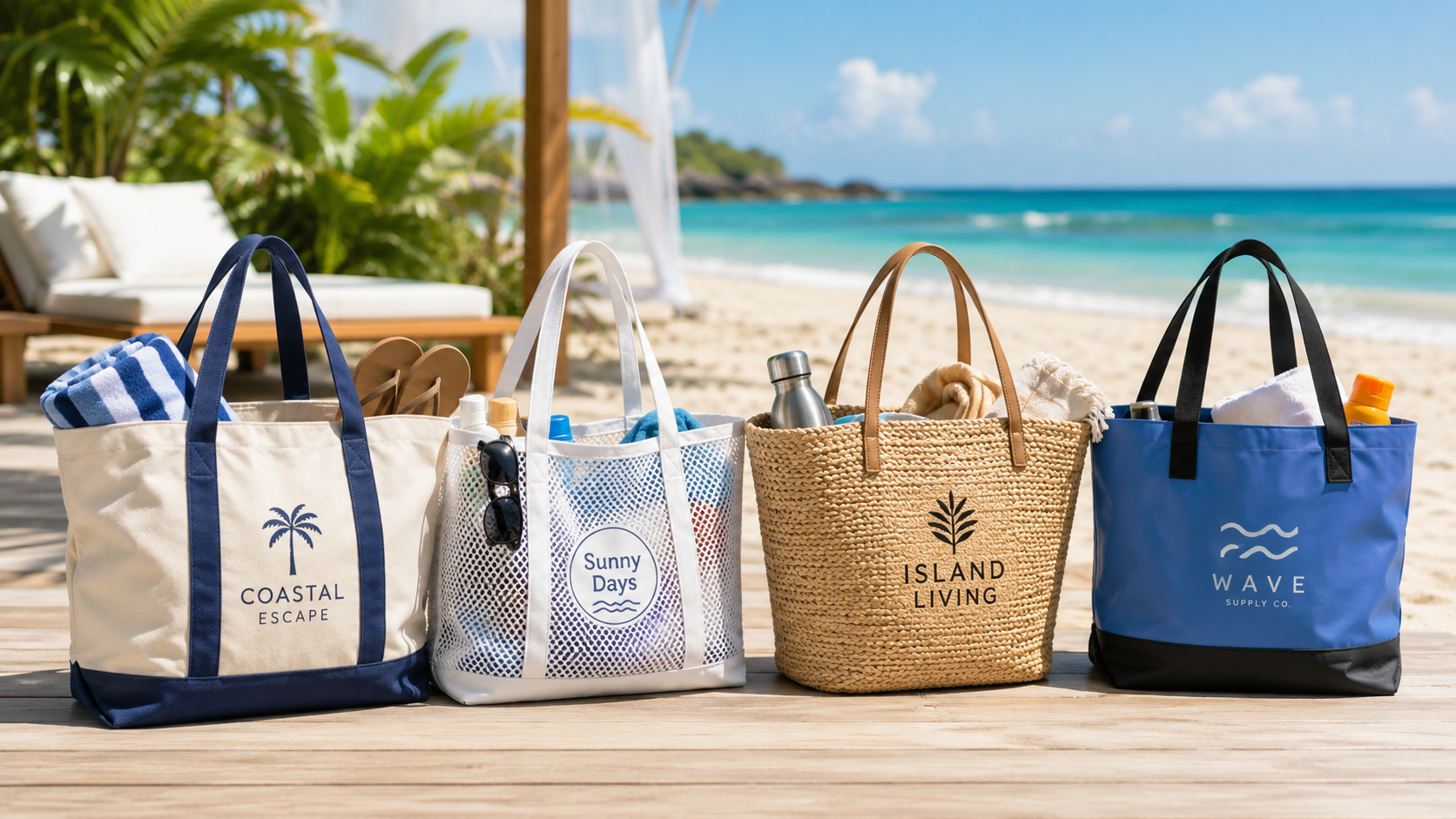 Custom beach bags for resorts, tourism campaigns, summer events, and outdoor lifestyle gifts