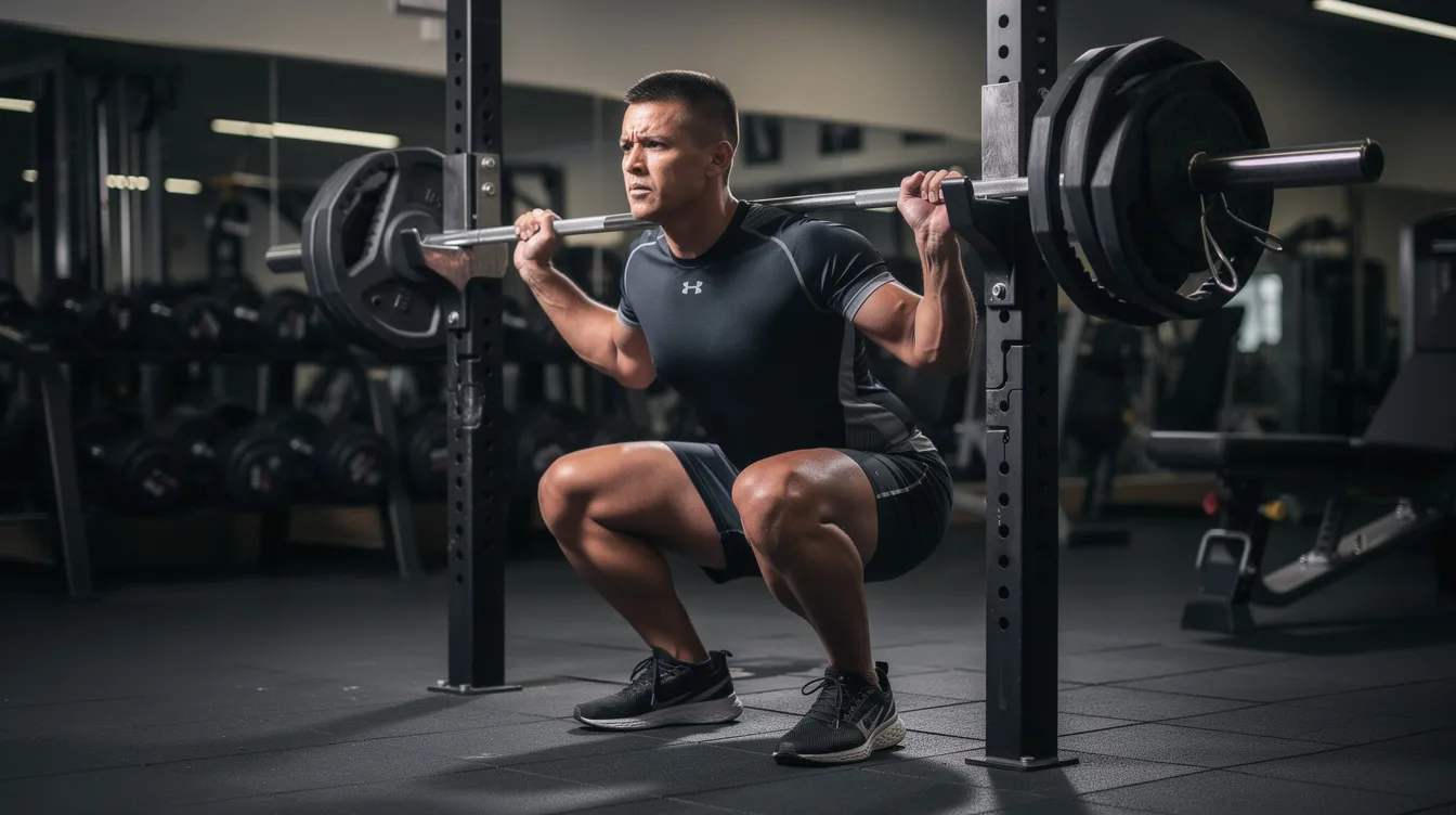 Een persoon voert een zware barbell squat uit in een sportschool, gericht op het opbouwen van spiermassa en het vergroten van kracht. Deze krachttraining is essentieel voor sporters die willen bulken en hun calorie-inname willen optimaliseren voor spiergroei.