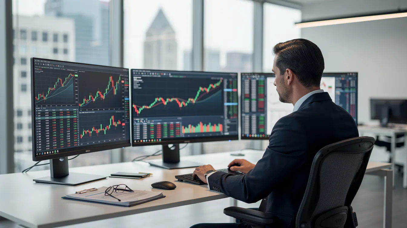 A professional is reviewing financial data displayed across multiple monitors in a modern office setting, utilizing various Microsoft Excel worksheets and charts for data analysis. The environment suggests a focus on creating PowerPoint presentations that link Excel data, ensuring that any updates to the source file are automatically reflected in the presentation slides.