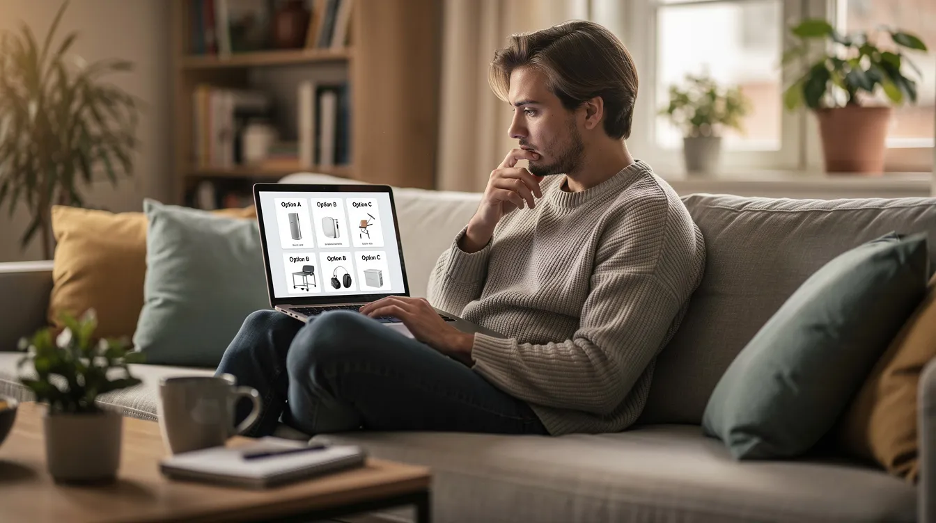 A person on a couch focused on a laptop screen exploring casino options.