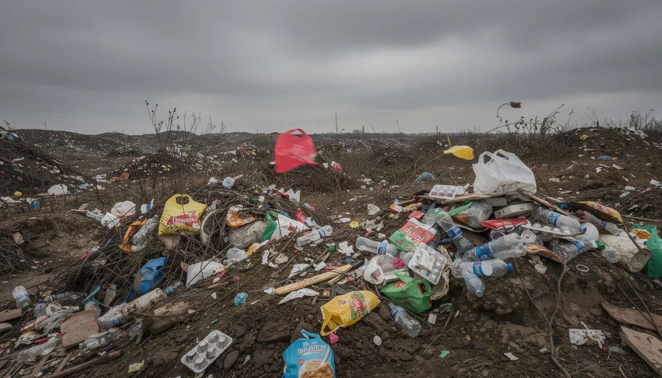 The image depicts a landfill scattered with various plastic packaging materials, under a gray sky, highlighting the environmental impact of packaging waste. This scene emphasizes the urgent need for sustainable packaging solutions and practices to reduce the carbon footprint associated with traditional plastic packaging.