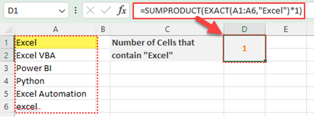 Count cells containing the exact word in a case-sensitive manner