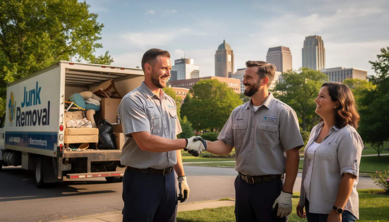 In the foreground, a junk remover in uniform shakes hands with a satisfied client, both smiling. In the background, a junk truck is parked against a scenic view of Hartford, CT, symbolizing the efficient junk removal services provided to both residential and commercial clients.