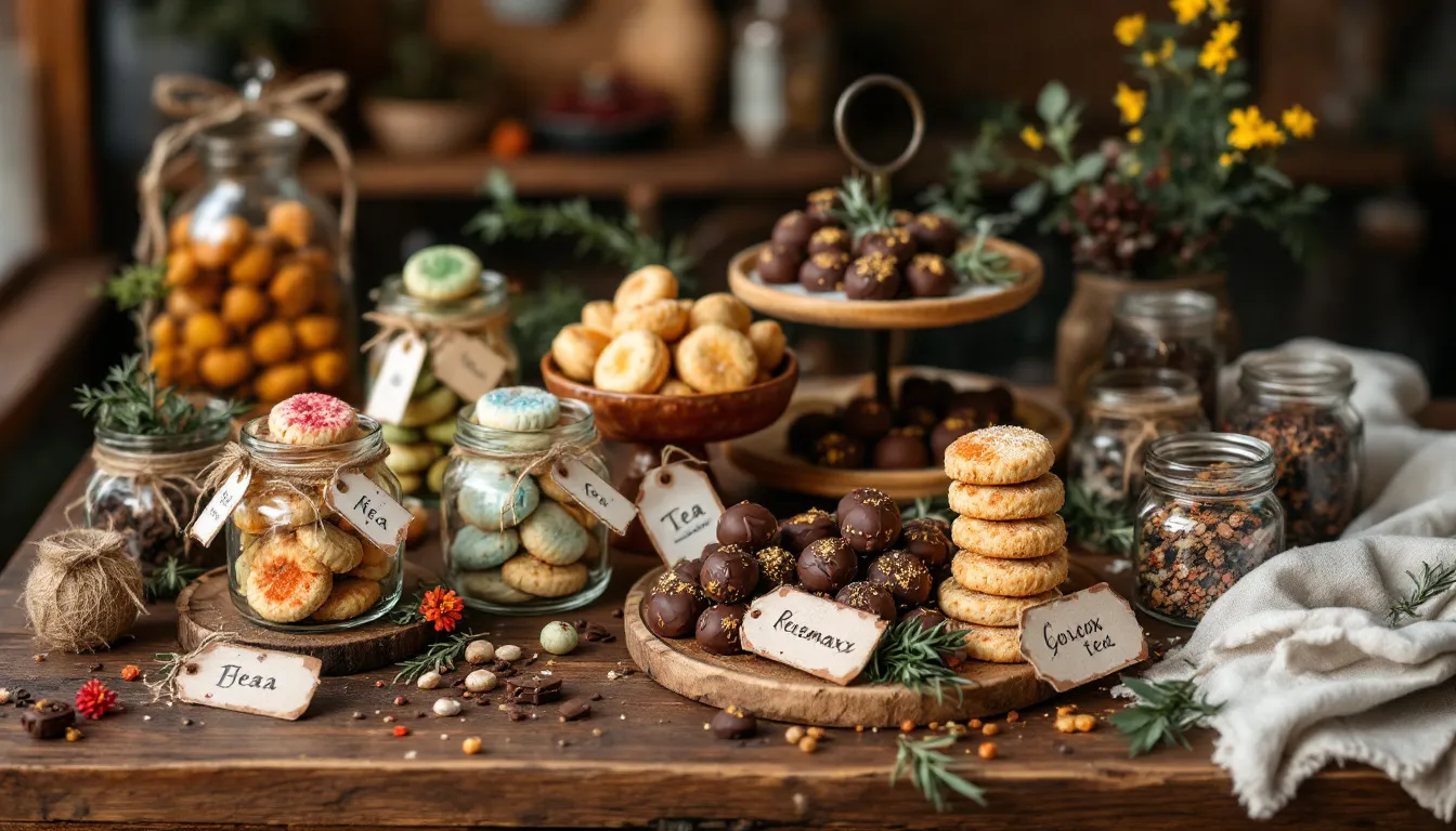 A beautifully arranged festive table features an assortment of homemade cookies in jars, decadent chocolate truffles, and DIY tea blends in glass containers, all wrapped in eco-friendly packaging like beeswax wraps and paper tags. This setup showcases thoughtful handmade gift ideas perfect for special occasions, adding a personal touch to the holiday season.