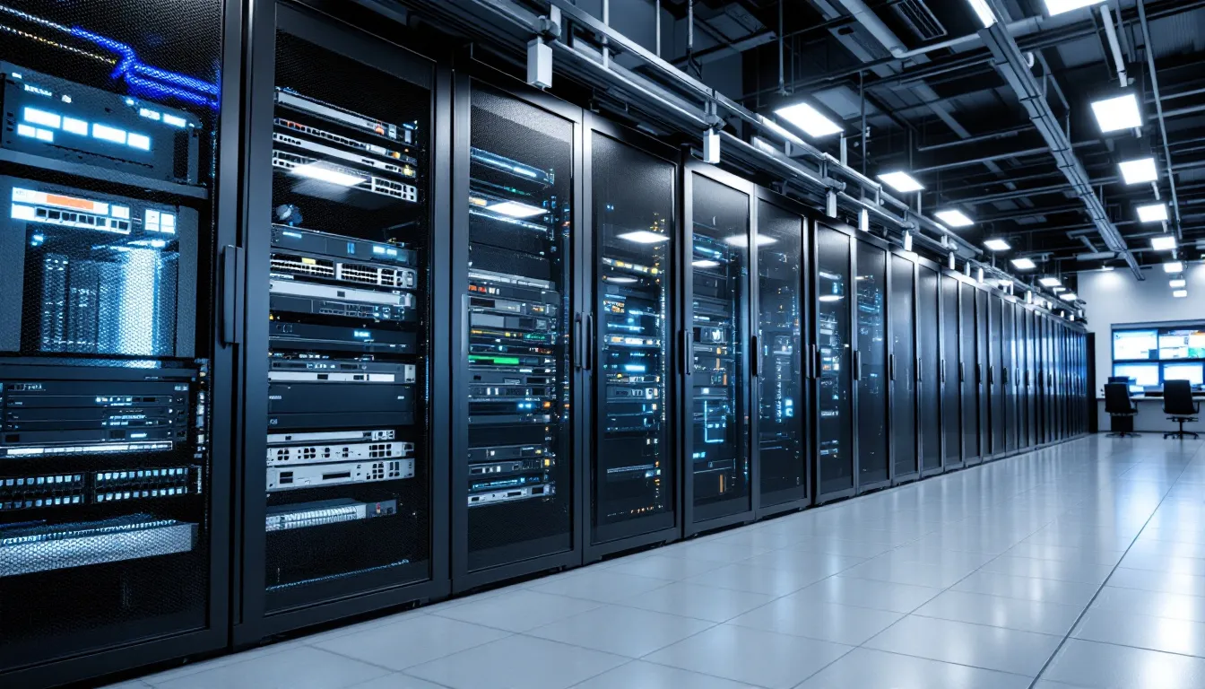 In the image, a modern enterprise data center is depicted, filled with rows of servers and networking equipment, highlighting the importance of data security and management in environments that support both Oracle and non-Oracle databases. The setup emphasizes the use of virtualization tools like the Delphix virtualization engine to create virtual databases and manage production and non-production data efficiently.