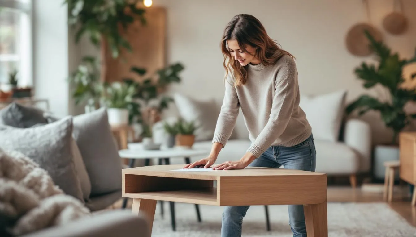 A person examining the quality of a piece of furniture in a store, looking for well made furniture.