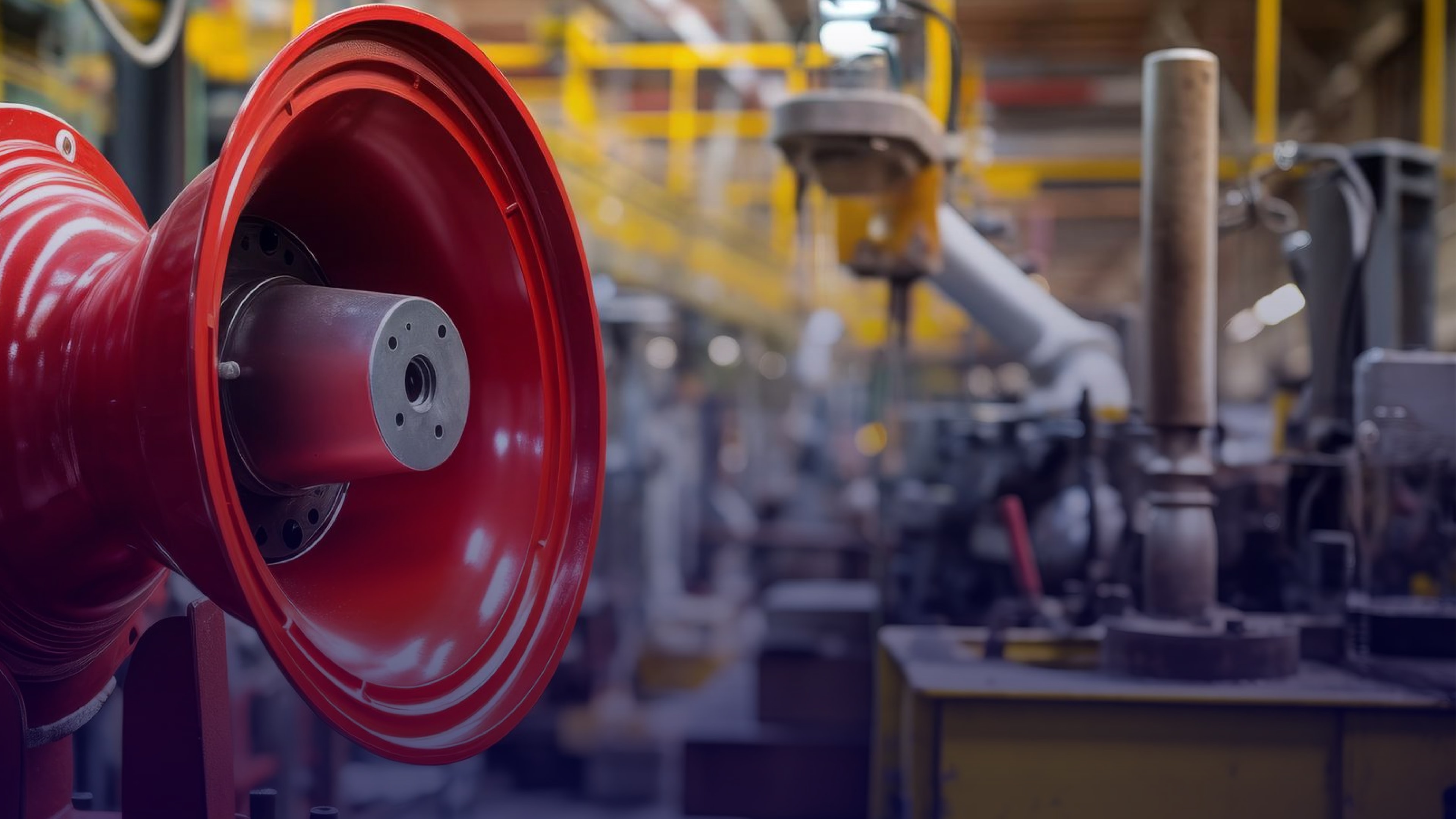 Close-up of a red paging horn in a manufacturing environment, representing a business communication software endpoint for engaging employees across distributed teams.
