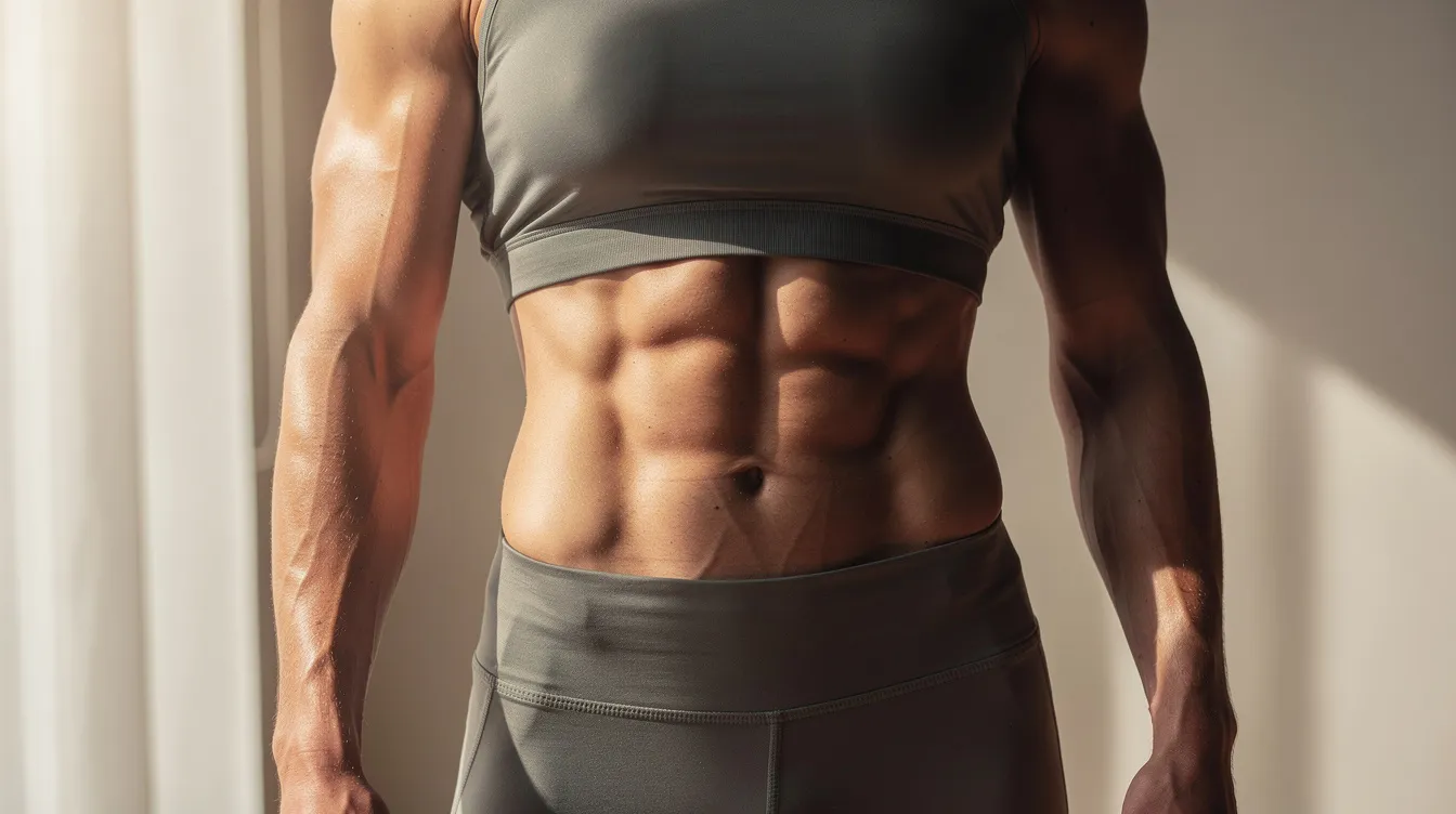 The image features a person with a toned, sculpted midsection illuminated by natural light, showcasing their muscle definition and body shape. This visual highlights the results of advanced body contouring techniques, such as vaser liposuction, which effectively removes unwanted fat while tightening the skin and preserving surrounding tissues.