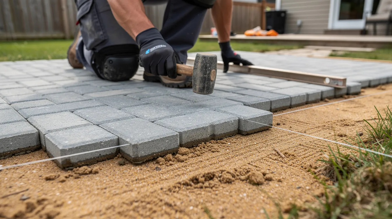 A close-up image shows a worker carefully laying interlocking concrete pavers on a leveled sand base in a residential backyard, highlighting the precision involved in this landscaping project. This process is essential for creating a durable and visually appealing outdoor space for homeowners.