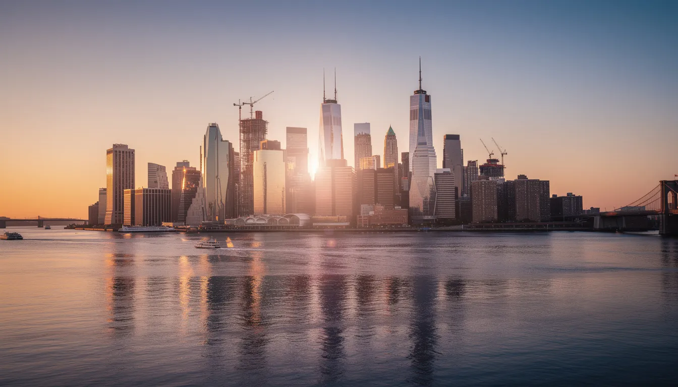 La imagen muestra el horizonte moderno de una ciudad estadounidense al atardecer, simbolizando nuevas oportunidades. Los edificios iluminados reflejan el crecimiento y el potencial de inversión, relacionado con el programa EB-5 y la posibilidad de obtener una green card y residencia permanente en Estados Unidos.