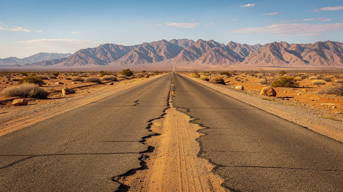 Carretera asfaltada que se convierte en pista de tierra en un paisaje árido con el Atlas al fondo.