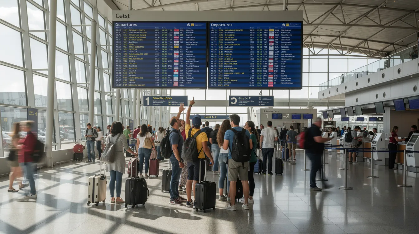 The image depicts a busy airport departure hall filled with travelers actively checking flight information boards, showcasing the high standards of airport services and the consistent quality performance expected in airline operations. The atmosphere is bustling with anticipation as passengers prepare for their flights, highlighting the significance of on-time performance and service delivery in the aviation industry.