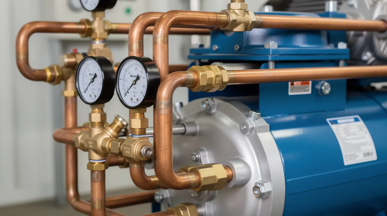 The image shows a close-up view of an industrial chiller compressor, featuring intricate copper piping and various gauges that monitor system performance. This equipment is essential for HVAC systems, particularly in commercial buildings, ensuring efficient air conditioning and reliable cooling solutions.