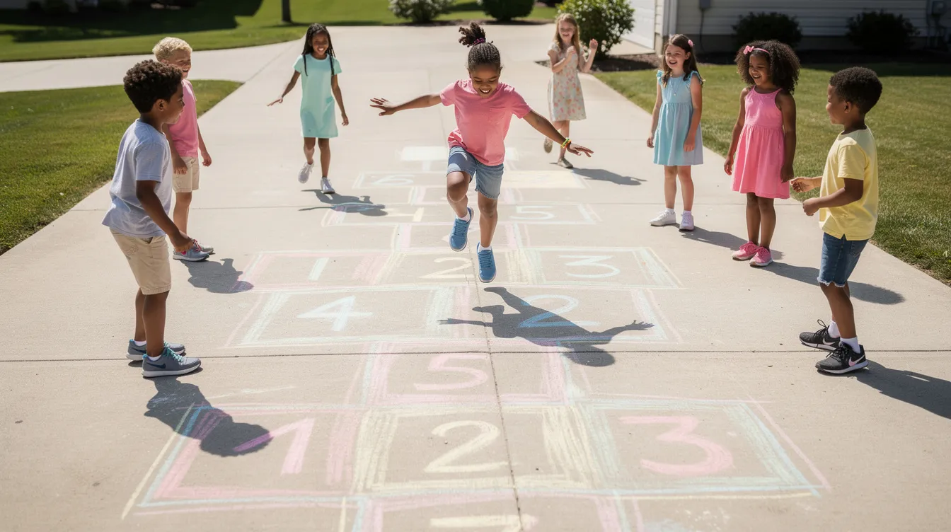 A group of children joyfully plays hopscotch on a colorful chalk-drawn grid, set on a wide concrete driveway under bright sunshine, creating a vibrant scene reminiscent of a sidewalk chalk party. The kids are laughing and enjoying their time together, surrounded by the cheerful colors of chalk art.