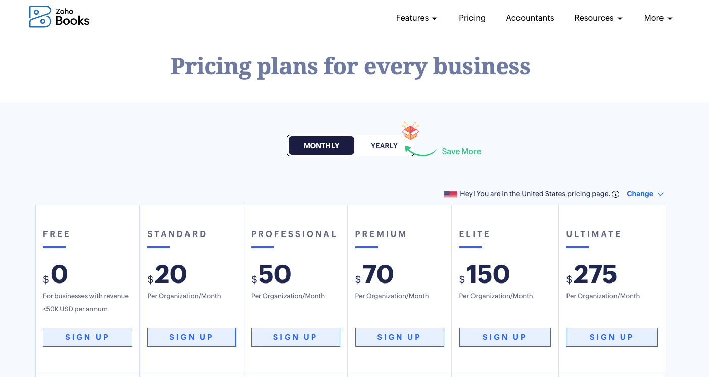 Zoho Books monthly plans