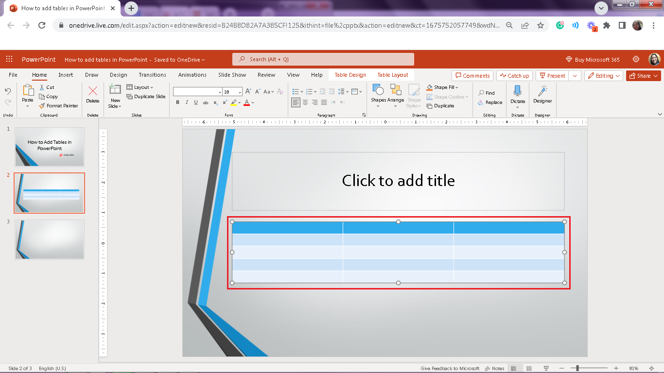 Click the set of rows & columns then your table will directly show in your slide.