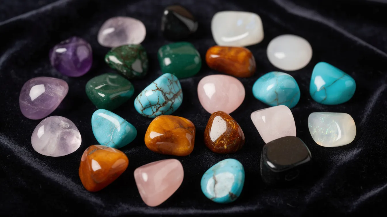 A close-up photograph showcases an array of polished gemstones, featuring vibrant hues of deep blue, rich green, and stunning pink, all elegantly arranged on a dark velvet fabric. The image highlights the beauty of these rare gemstones, which are often sought after for fine jewelry and birthstone collections.