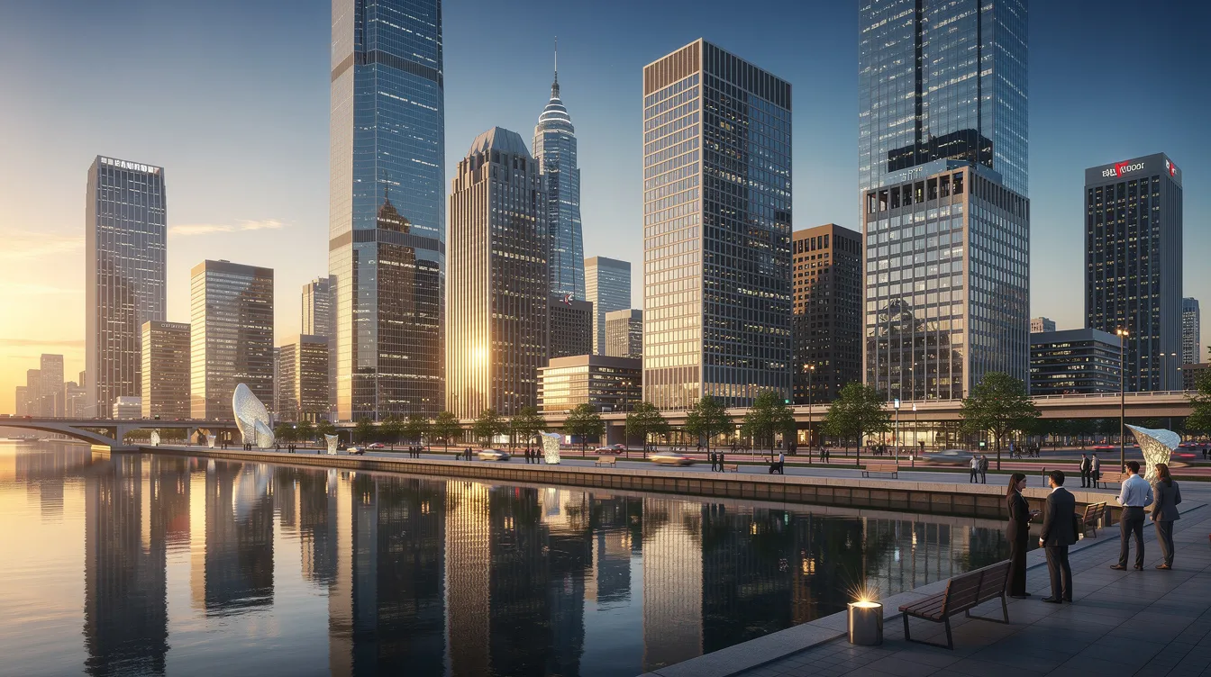 A modern cityscape featuring tall glass towers reflects economic prosperity, with a waterfront that symbolizes wealth accumulation and successful investment portfolios. This vibrant urban environment highlights the importance of wealth protection strategies and financial responsibility for future generations.