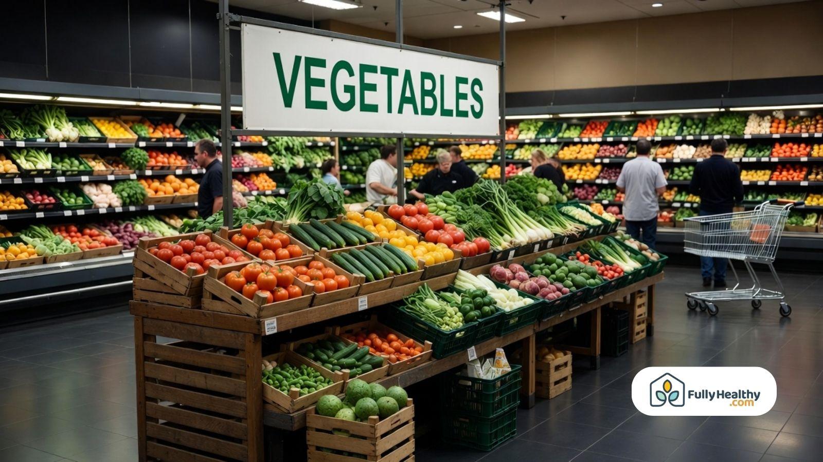 Grocery store produce section with cucumbers and vegetables display.