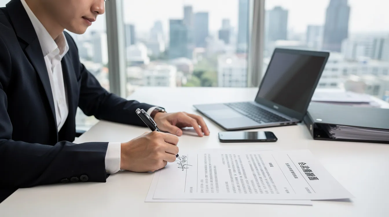 A business professional is seated at a desk, signing a contract document, which may be related to government funding programs for SMEs in Hong Kong. The scene conveys a sense of professionalism and the importance of formal agreements in business operations.