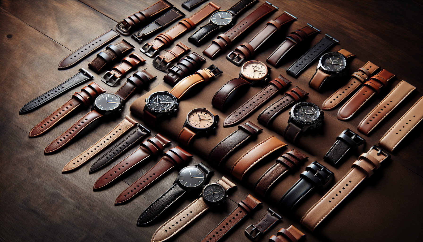 Various brown leather watch bands displayed in an elegant arrangement
