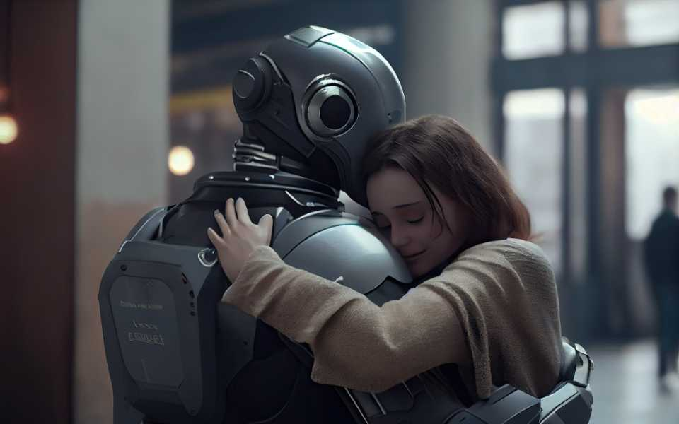 woman hugs a robot representing human writers embracing ai content assistants