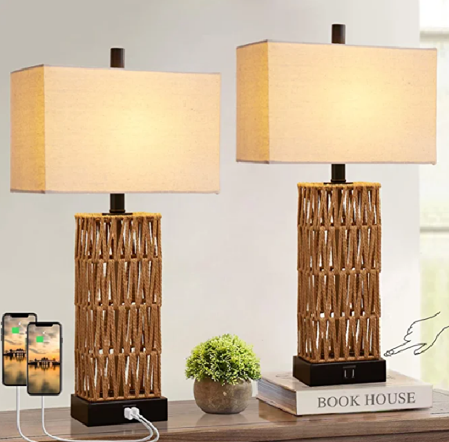 two rattan table lamps with rectangular shades