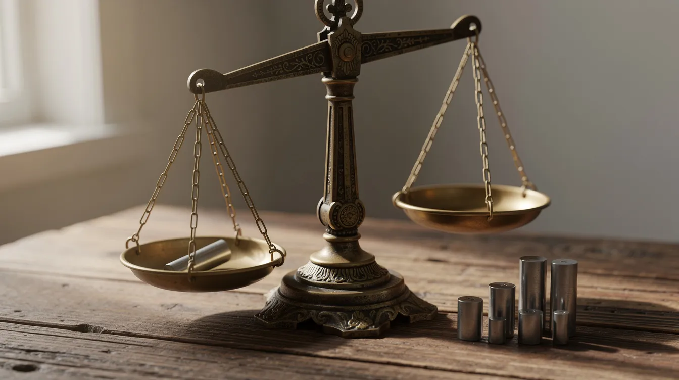 The image features an antique brass two-pan balance scale resting on a wooden table, accompanied by small metal weights. This traditional weighing scale is designed to accurately measure and compare different weights, showcasing a classic method of determining weight in contrast to modern digital scales.