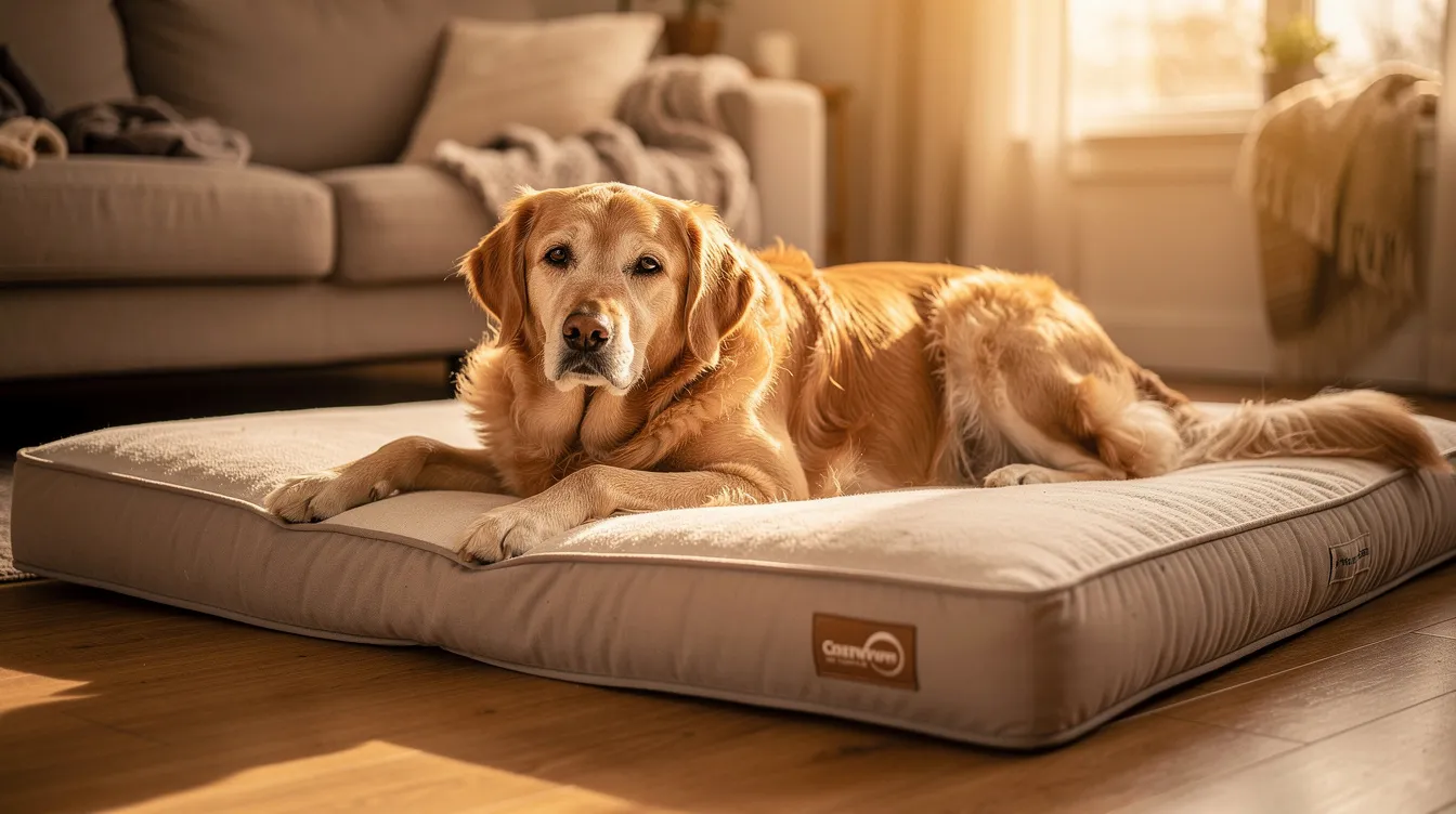 A senior golden retriever is resting on an orthopedic bed, displaying a slightly stiff posture in a cozy home environment. This setting highlights the importance of joint supplements for dogs, as they can help support joint health and soothe stiff joints in older dogs.