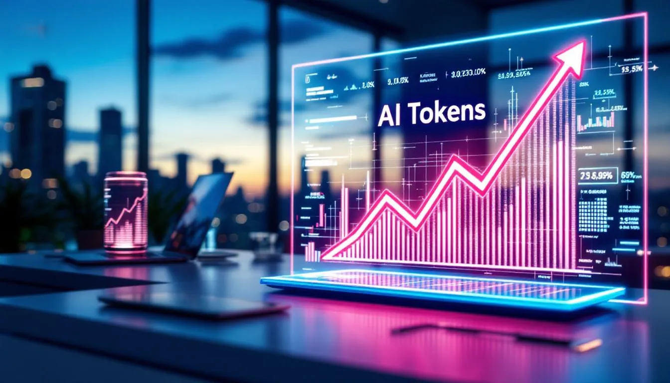 In the image, a digital representation of the rising popularity of AI tokens is depicted, showcasing various AI-powered applications and decentralized AI marketplaces. The graphic illustrates investment strategies and market trends in the emerging AI economy, emphasizing the integration of artificial intelligence and blockchain technology.