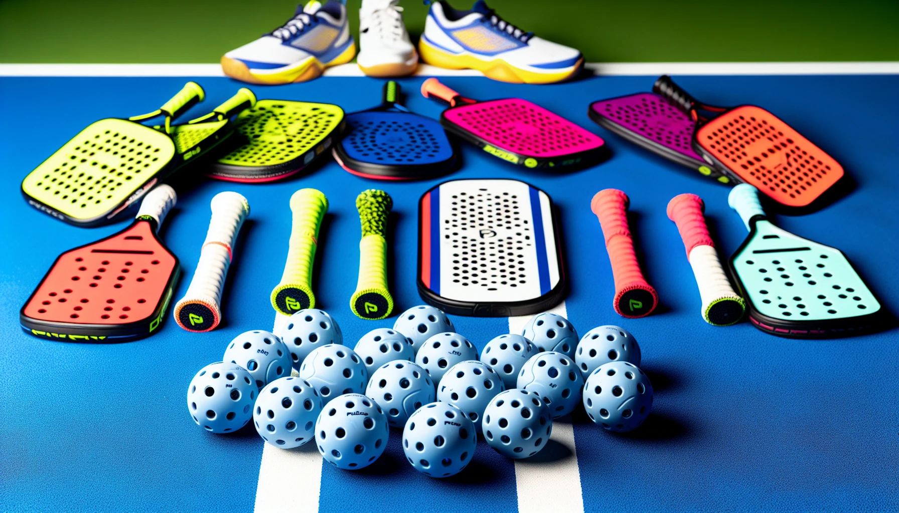Assorted pickleball gear featuring paddles, balls, and court shoes for the ultimate playing experience.