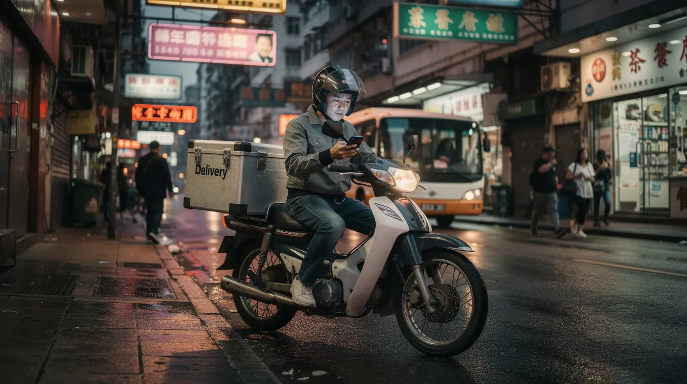 A self-employed delivery driver is seen on a motorcycle, checking their smartphone while parked on a bustling urban street in Hong Kong, surrounded by tall buildings and vibrant city life. The scene captures the essence of modern delivery services in a dynamic financial hub.