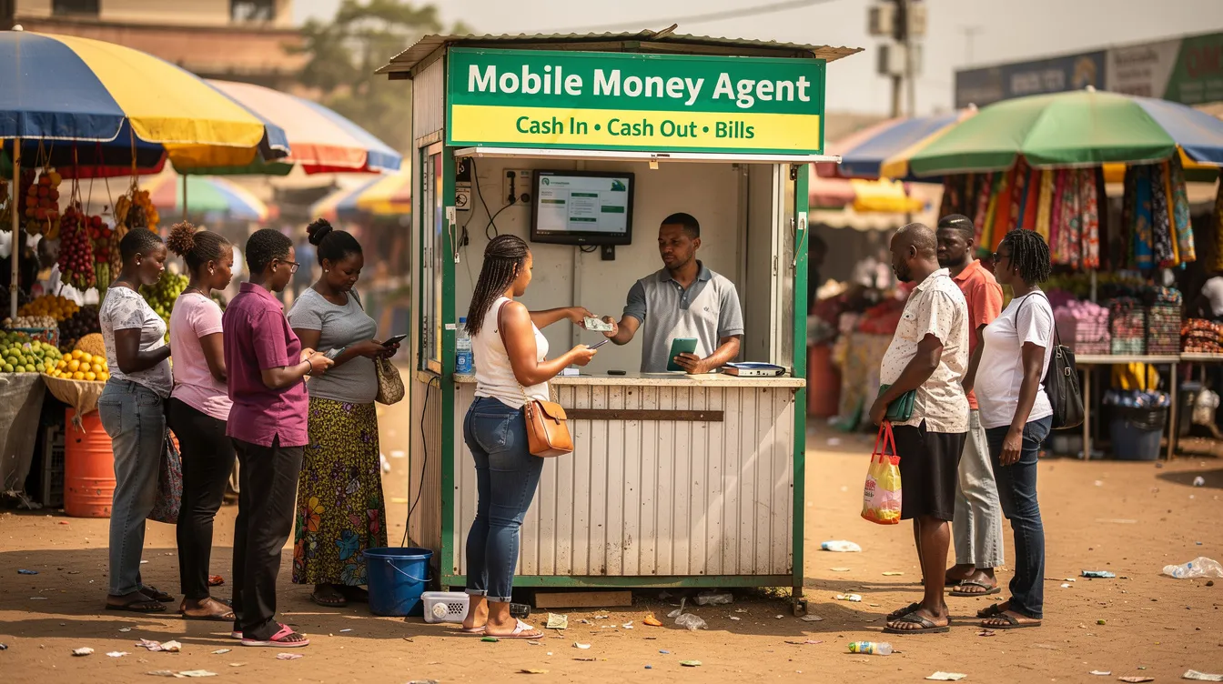 A group of customers is gathered around a mobile money agent kiosk in an outdoor market, engaging in transactions to send and receive money using their mobile phones. The kiosk facilitates services like paying utility bills and transferring funds securely through platforms like Airtel Payments Bank and the Airtel app.