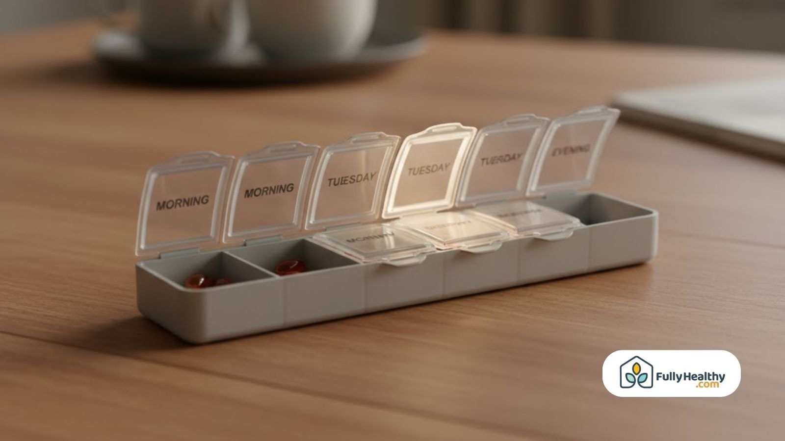 Weekly pill organizer labeled morning and days of week on wooden table.