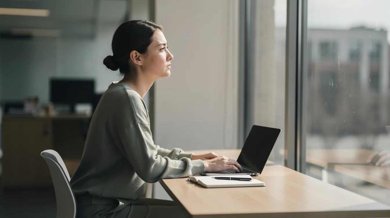 Een persoon kijkt nadenkend uit een raam in een rustige werkomgeving, wat een moment van reflectie en persoonlijke groei symboliseert. Deze scène kan inspireren tot effectieve leiderschap en het toepassen van praktische inzichten uit managementboeken zoals "Crucial Conversations" en "Good to Great".