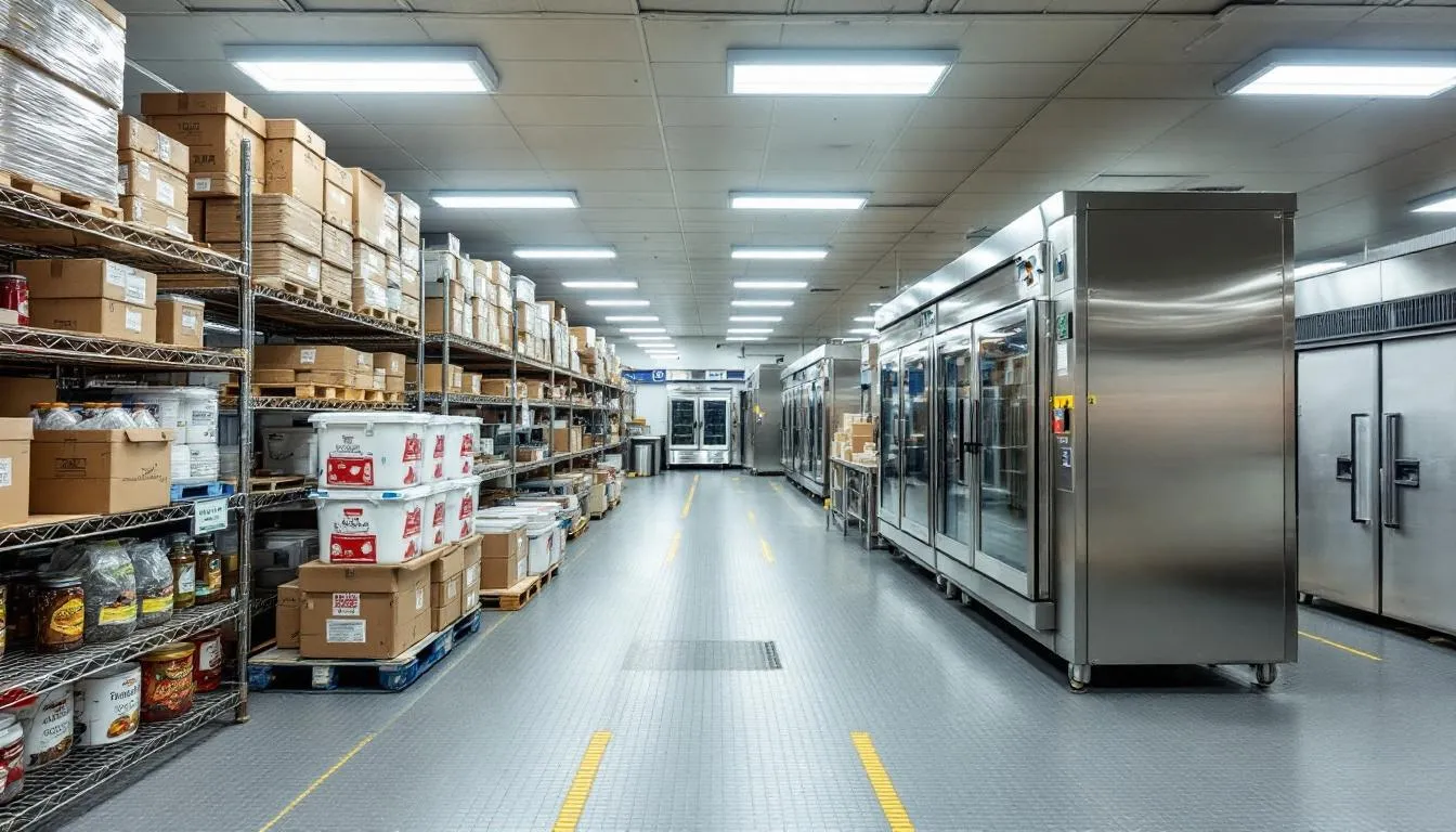 In a restaurant storage area, various food items are organized according to proper food storage guidelines, with raw meats and perishable foods placed on the bottom shelf to prevent cross-contamination, while ready-to-eat foods are stored safely at the top. The environment emphasizes food safety basics to minimize the risk of foodborne illness, ensuring customers are kept safe from harmful bacteria.