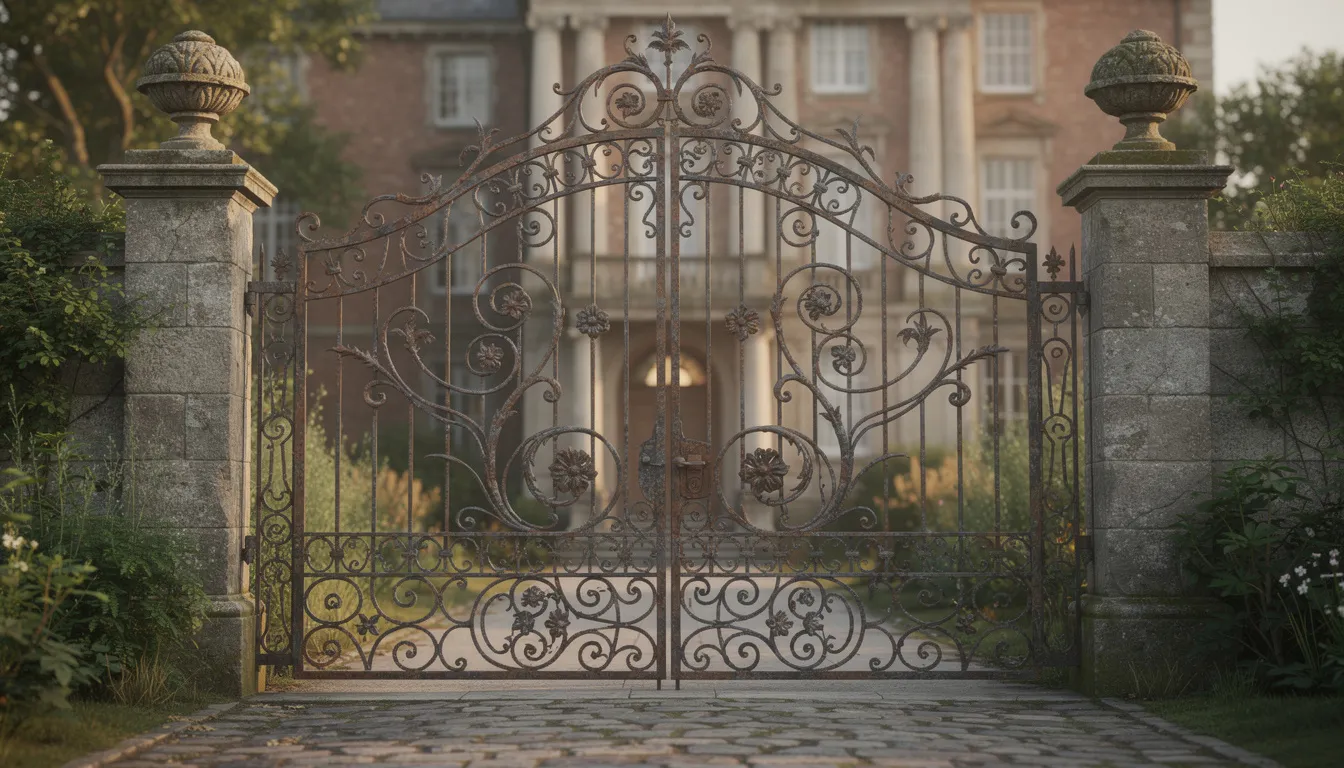 The image features an ornate wrought iron gate adorned with intricate scrollwork, enhancing the architectural style of a heritage property. This elegant gate serves as a prominent physical barrier, adding curb appeal and charm to the outdoor living space while exemplifying high-quality materials and craftsmanship.