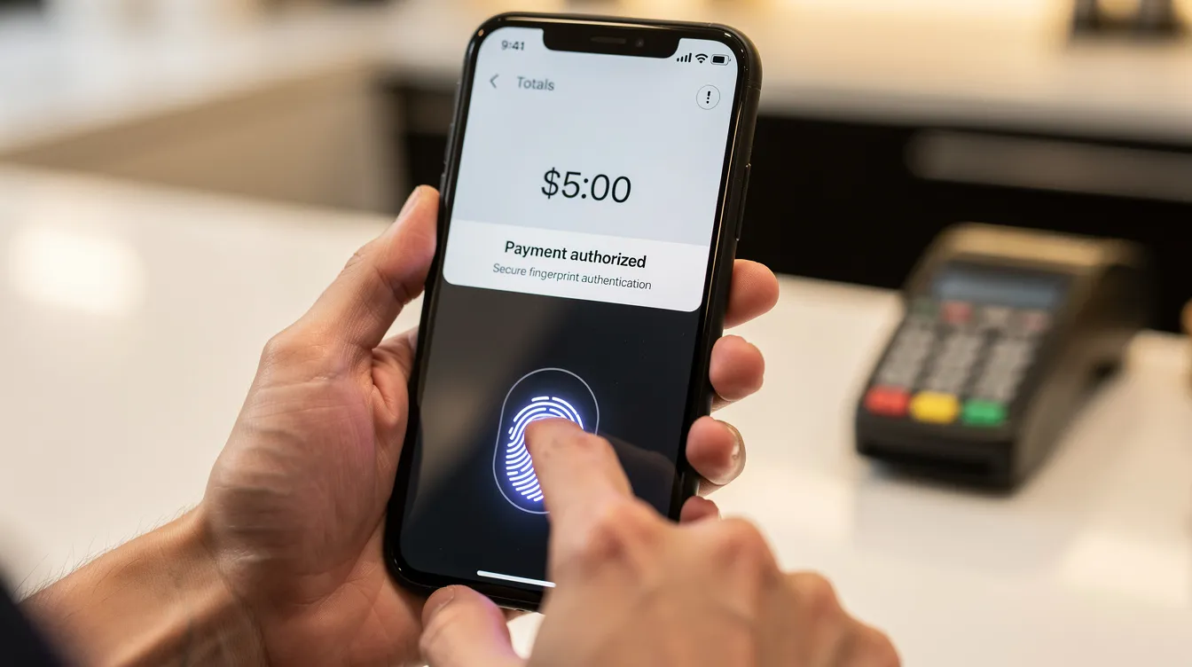 A person is using a fingerprint scanner on their smartphone screen to authenticate a payment, showcasing the convenience and security of contactless payments through mobile wallet apps like Google Pay. This method allows users to verify transactions easily while keeping their bank account details secure.