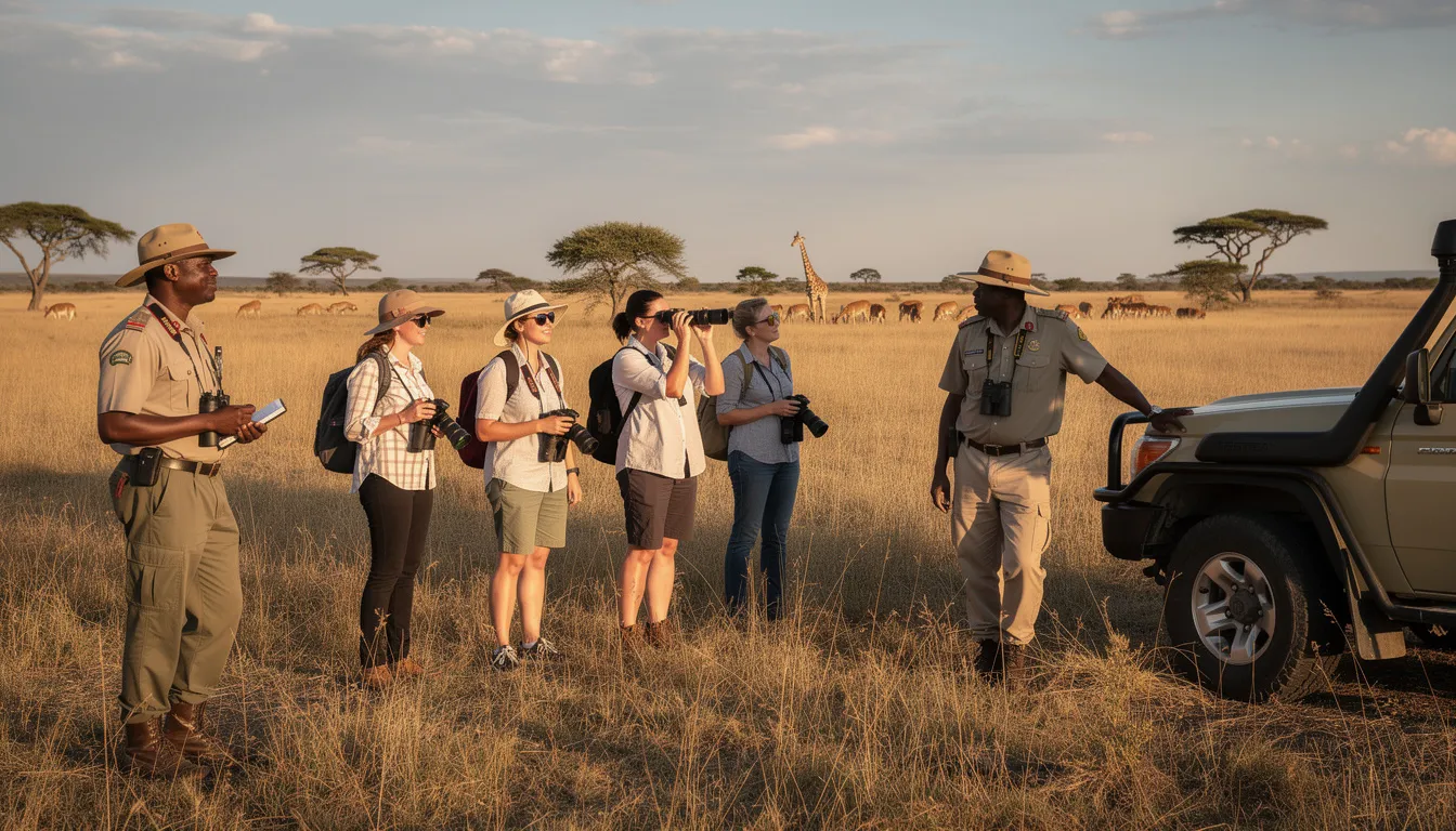The image depicts African game wardens in uniform, actively guiding a group of tourists through the Maasai Mara National Reserve, where they observe wild animals such as elephants and lions in their natural habitat. This scene highlights the importance of wildlife conservation and tourism in East Africa, particularly in the renowned Mara Serengeti ecosystem.