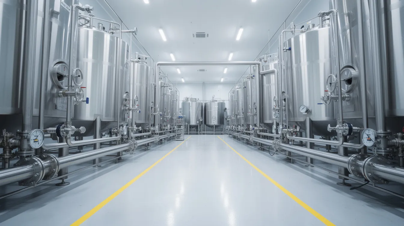 0db90aad 4607 4690 a188 bc49315e375c The image depicts the interior of a large dairy processing plant featuring numerous stainless steel tanks and intricate piping systems, essential for the milk processing industry. This facility is designed for the efficient production of dairy products, showcasing the sophisticated infrastructure required for pasteurized milk and other dairy goods.