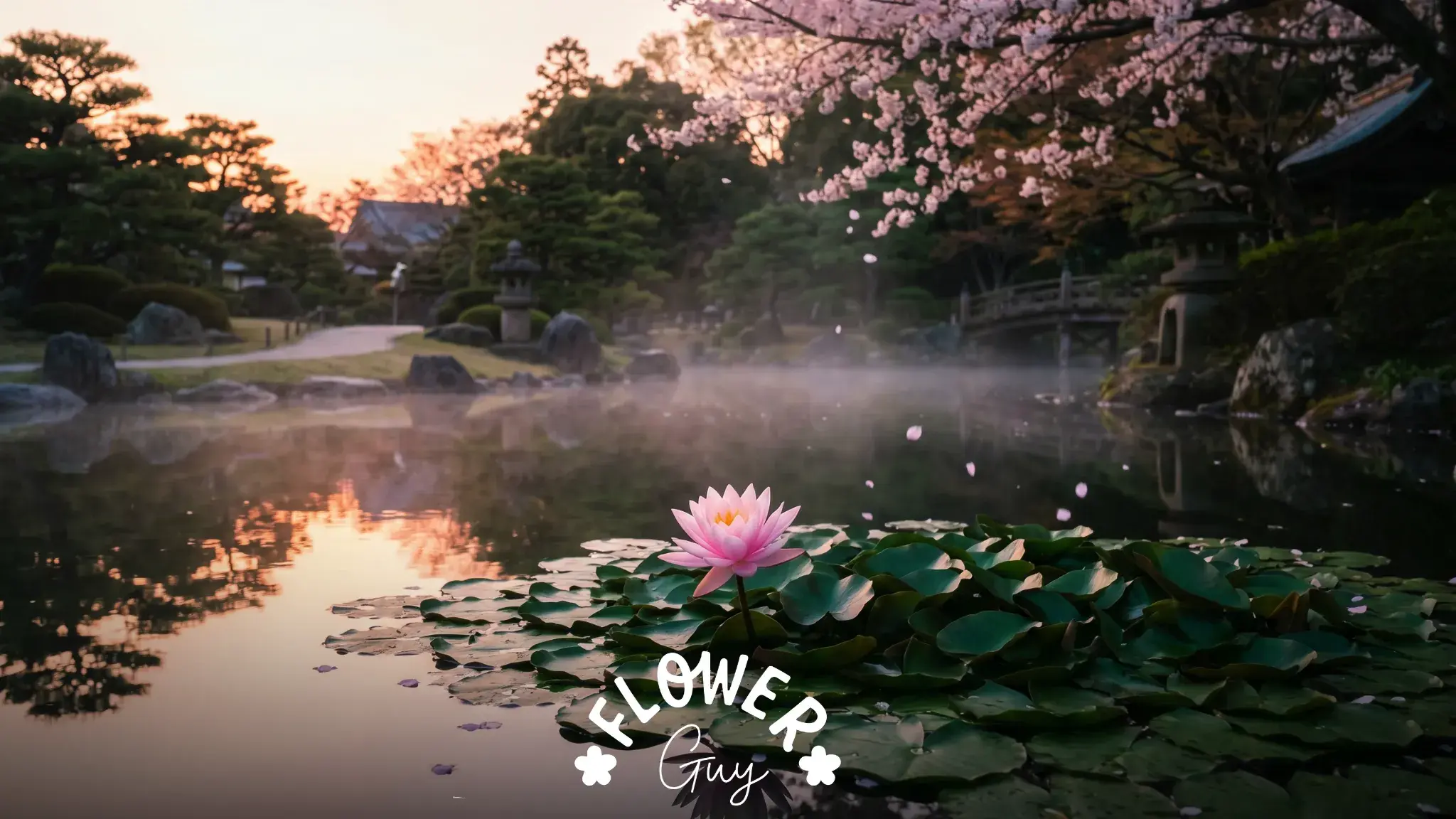 Pink lotus on still pond water at dawn with cherry blossom petals falling on the surface in a Japanese garden