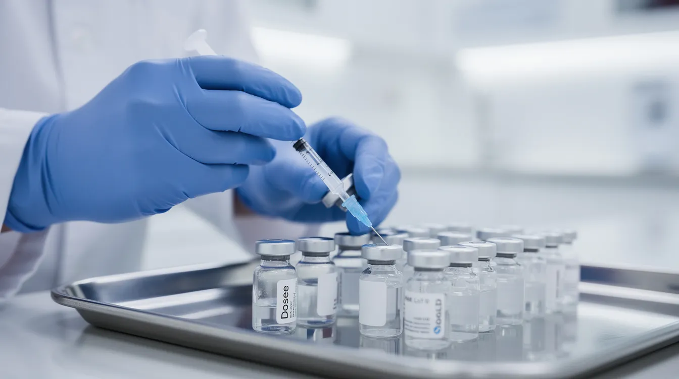 A close-up image shows a medical professional's gloved hands meticulously preparing injectable treatment vials on a sterile clinical tray, likely for procedures such as buttock augmentation or nonsurgical butt lifts. The focus on the vials emphasizes the importance of safety and precision in cosmetic surgery and body contouring treatments.