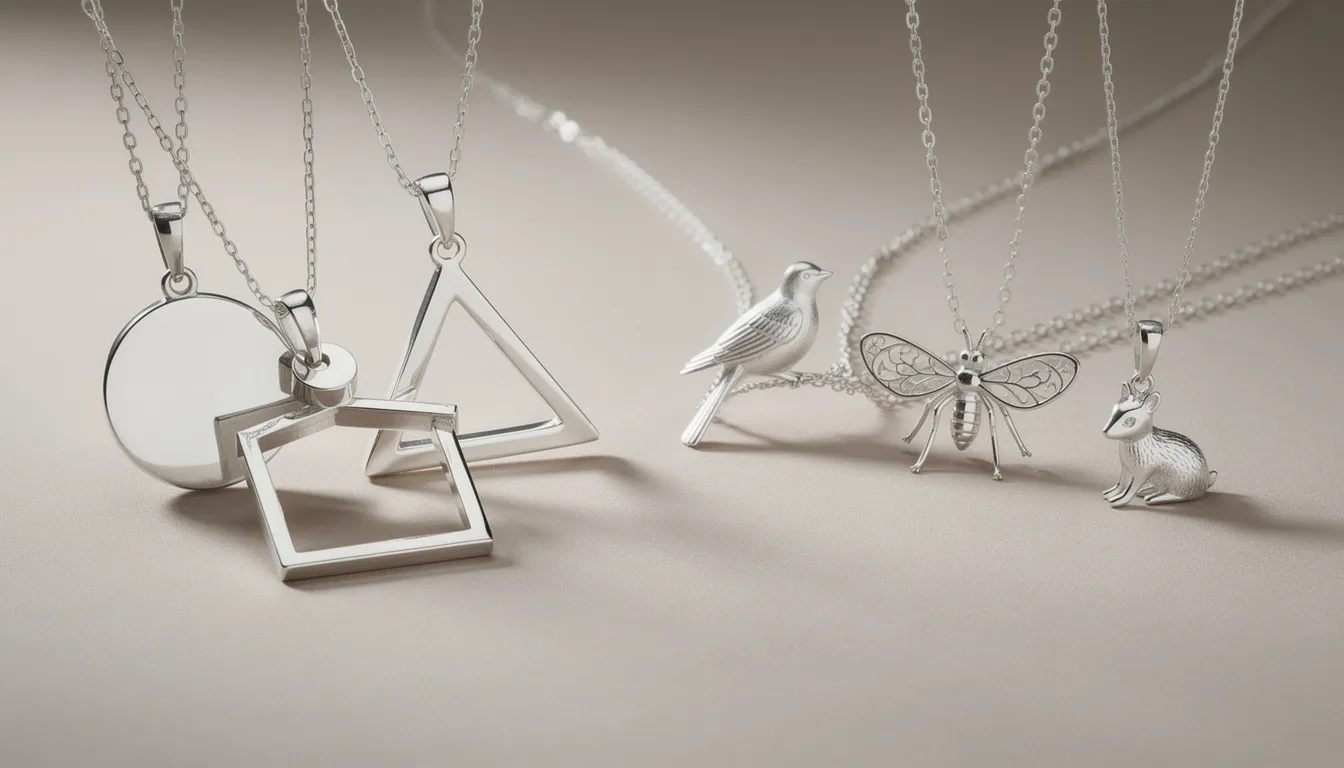 The image showcases a collection of geometric silverware necklaces made from sterling silver, featuring bold designs such as triangles, circles, and squares that exude elegance. These striking pieces are perfect for adding a modern touch to any jewellery collection, suitable for various occasions and styles.
