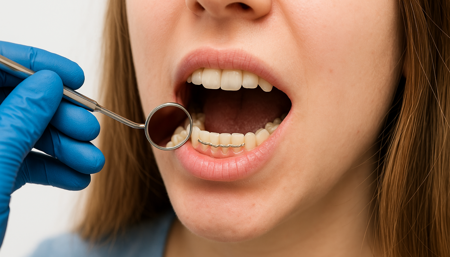 Nærbilde av tannlege som undersøker løs streng bak nedre tenner med speil under tannkontroll.