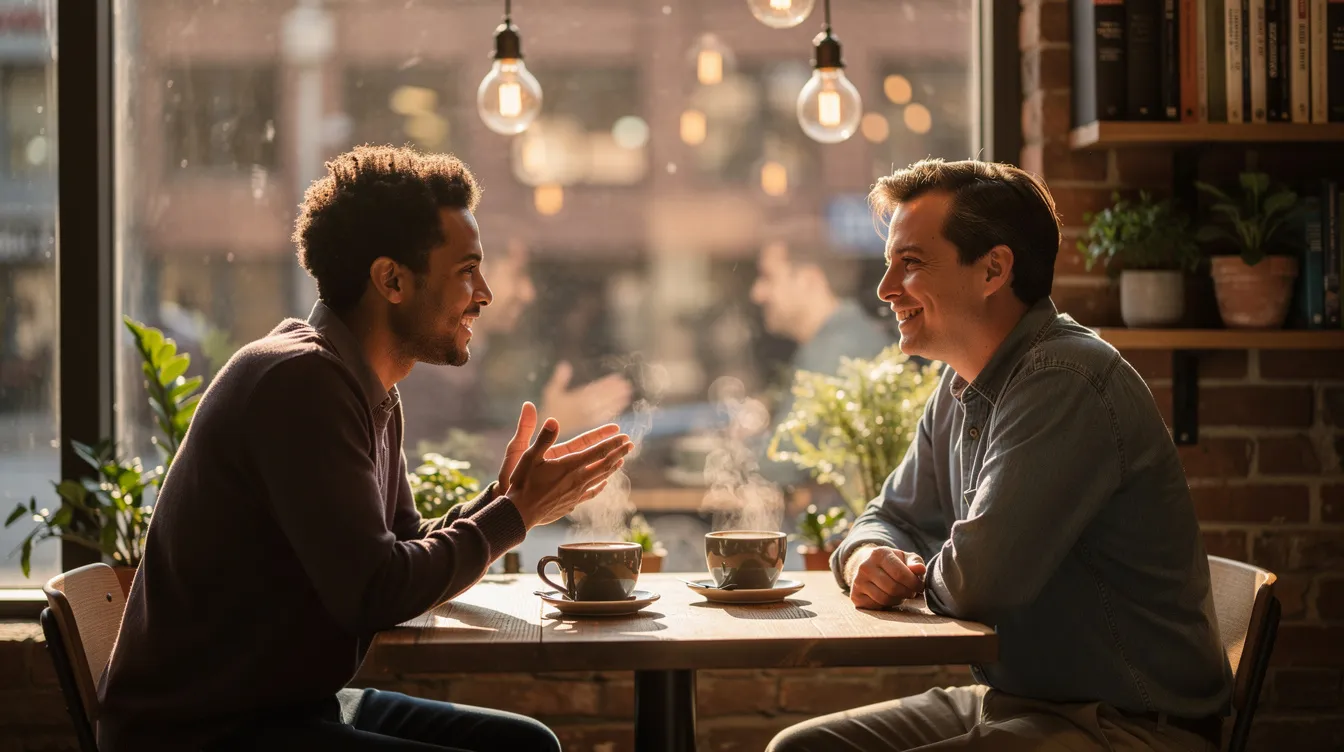In a cozy coffee shop, two people are engaged in a lively conversation, sharing stories and laughter, embodying the hopeful spirit of dating in NYC. This intimate setting reflects the dating culture of the city, where meaningful connections can flourish amidst the large dating pool.